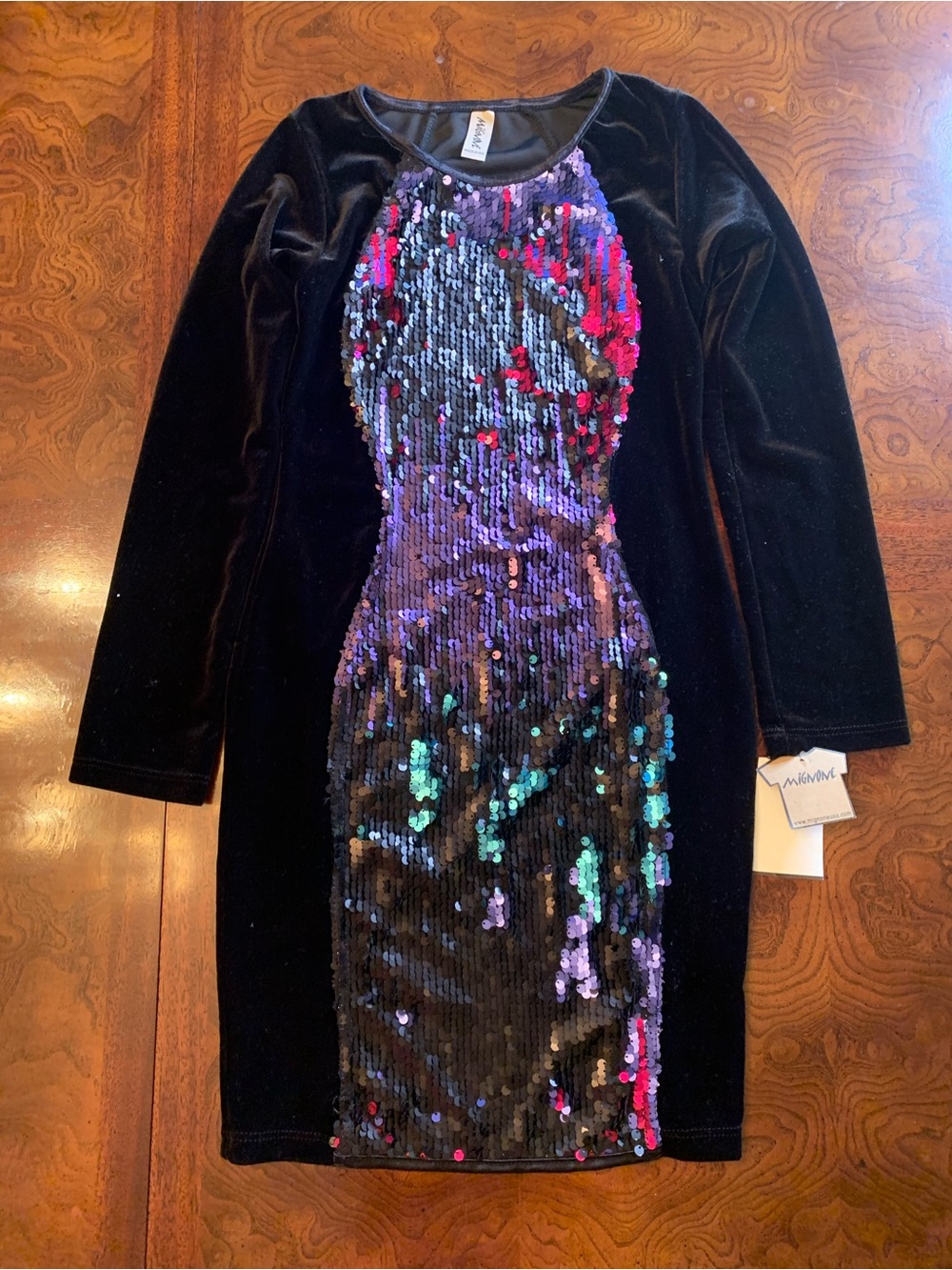 Black Velvet Long-Sleeve Dress with Iridescent Sequined Front Panel